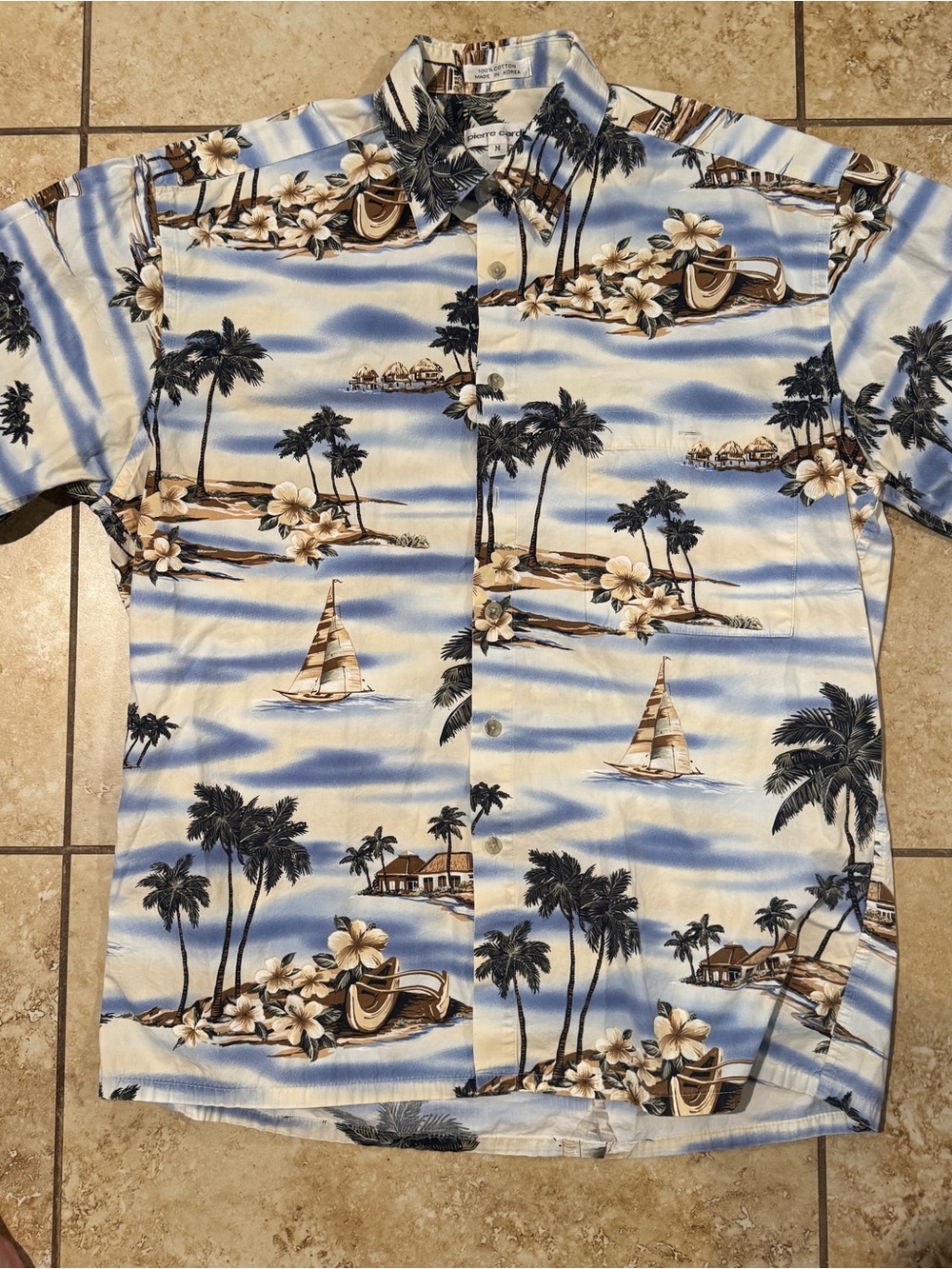 Pierre Cardin Blue & White Tropical Print Short-Sleeve Shirt